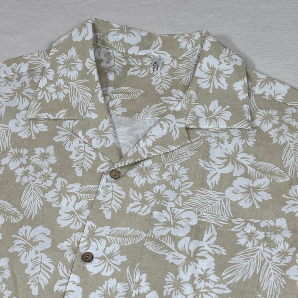 COOFANDY Mens Small Tan White Floral Hibiscus Cotton Short Sleeve Hawaiian Shirt